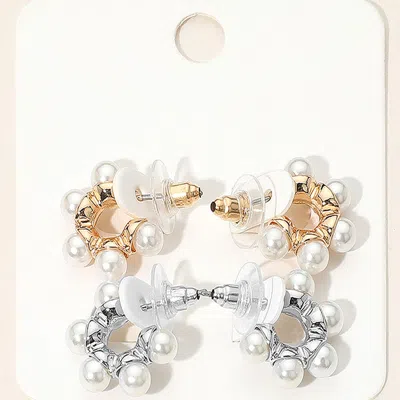 Fashnzfab 2pairs - Pearl Accent Mini Hoop Earring Set Gold, Rhodium