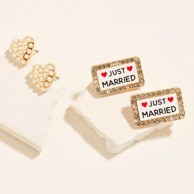Fashnzfab 2pairs - Pearl Heart Just Married Sign Plate Stud Earring Set In Multi