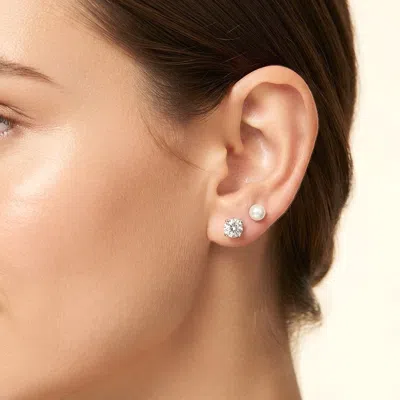 Fashnzfab 2pairs - White Gold Dipped Pearl Cz Stud Earring Set 6mm In Multi