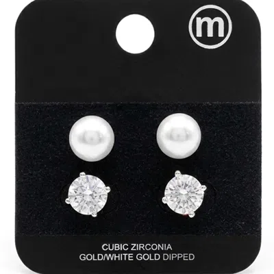 Fashnzfab 2pairs - White Gold Dipped Pearl Cz Stud Earring Set 7mm In Multi