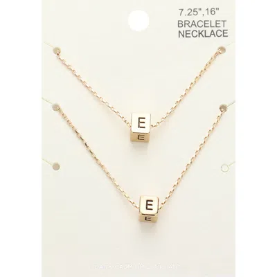 Fashnzfab 2pcs - -e- Initial Monogram Metal Cube Pendant Necklace / Bracelet Set Gold