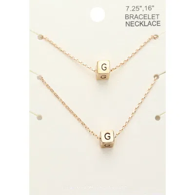 Fashnzfab 2pcs - -g- Initial Monogram Metal Cube Pendant Necklace / Bracelet Set Gold