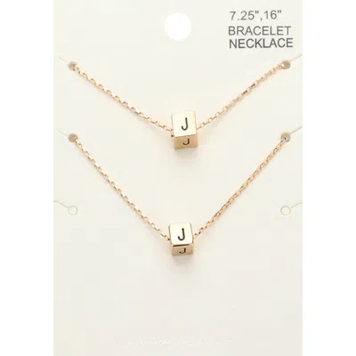 Fashnzfab 2pcs - -j- Initial Monogram Metal Cube Pendant Necklace / Bracelet Set Gold
