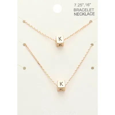 Fashnzfab 2pcs - -k- Initial Monogram Metal Cube Pendant Necklace / Bracelet Set Gold