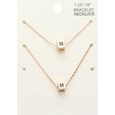 Fashnzfab 2pcs - -m- Initial Monogram Metal Cube Pendant Necklace / Bracelet Set Gold