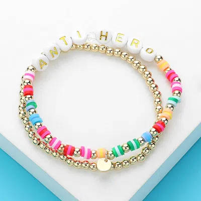 Fashnzfab 2pcs - Anti Hero Message Metal Ball Heishi Beaded Stretch Multi Layered Bracelets