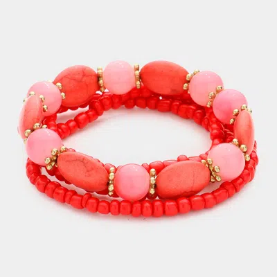Fashnzfab 2pcs - Beaded Stretch Bracelet / Necklace Coral In Pink