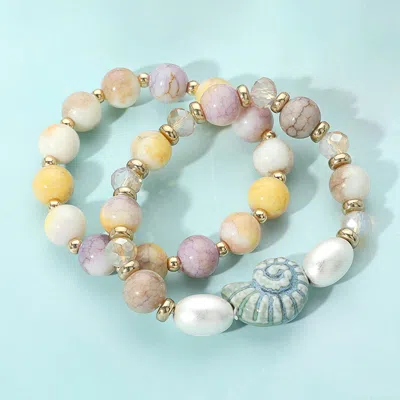 Fashnzfab 2pcs - Ceramic Snail Conch Shell Pearl Natural Stone Beaded Stretch Multi Layered Bracelets In Sand