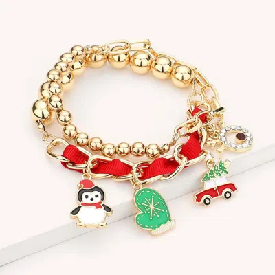 Fashnzfab 2pcs - Christmas Theme Enamel Charm Multi Layered Bracelets In Red