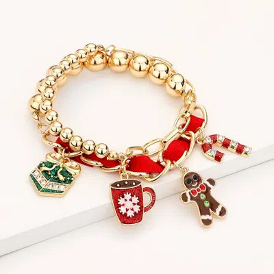 Fashnzfab 2pcs - Christmas Theme Enamel Charm Multi Layered Bracelets In Red