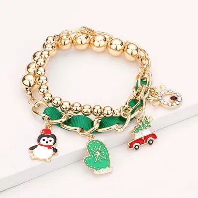 Fashnzfab 2pcs - Christmas Theme Enamel Charm Multi Layered Bracelets In Green