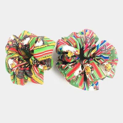 Fashnzfab 2pcs - Christmas Theme Print Fabric Scrunchies Hair Bands In Green