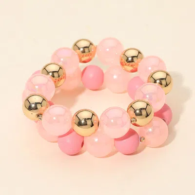 Fashnzfab 2pcs - Chunky Ball Beaded Stretch Multi Layered Bracelets - Pink