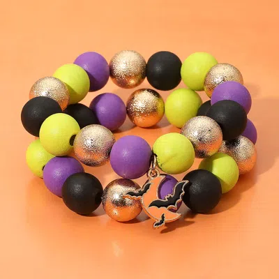 Fashnzfab 2pcs - Chunky Halloween Flying Bat Charm Beaded Stretch Bracelets - Multi, Purple
