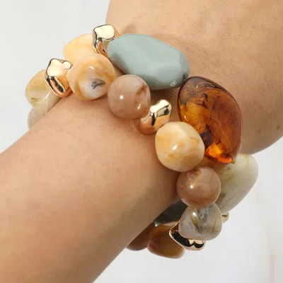 Fashnzfab 2pcs - Chunky Marble Pebble Beaded Stretch Multi Layered Bracelets
