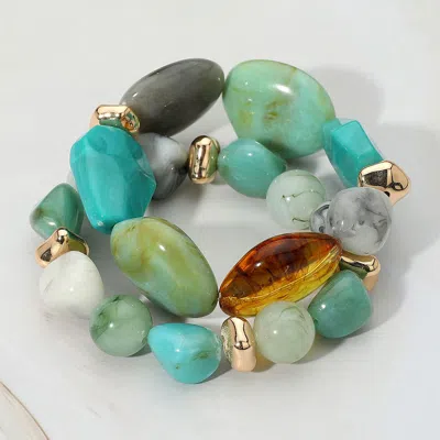 Fashnzfab 2pcs - Chunky Marble Pebble Beaded Stretch Multi Layered Bracelets In Gold
