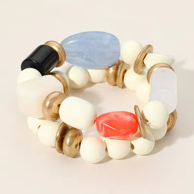 Fashnzfab 2pcs - Chunky Marbled Natural Stone Wood Ball Beaded Stretch Multi Layered Bracelets In White
