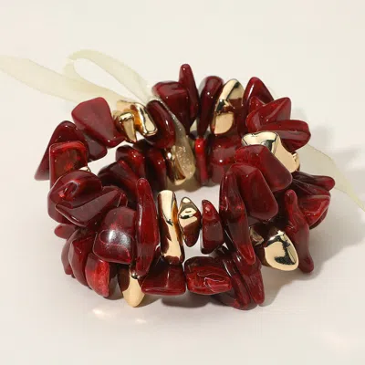 Fashnzfab 2pcs - Chunky Marbled Resin Metal Beaded Stretch Multi Layered Bracelets In Red