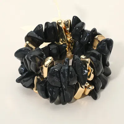 Fashnzfab 2pcs - Chunky Marbled Resin Metal Beaded Stretch Multi Layered Bracelets In Black