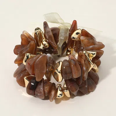 Fashnzfab 2pcs - Chunky Marbled Resin Metal Beaded Stretch Multi Layered Bracelets In Brown