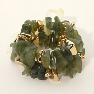 Fashnzfab 2pcs - Chunky Marbled Resin Metal Beaded Stretch Multi Layered Bracelets In Green