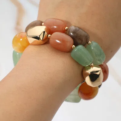 Fashnzfab 2pcs - Chunky Marbled Resin Metal Pebble Beaded Stretch Multi Layered Bracelets - Rust