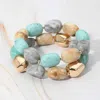 Fashnzfab 2pcs - Chunky Marbled Resin Metal Pebble Beaded Stretch Multi Layered Bracelets - Turquoise In Blue