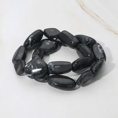 Fashnzfab 2pcs - Chunky Marbled Resin Multi Shape Pebble Beaded Stretch Multi Layered Bracelets - Black