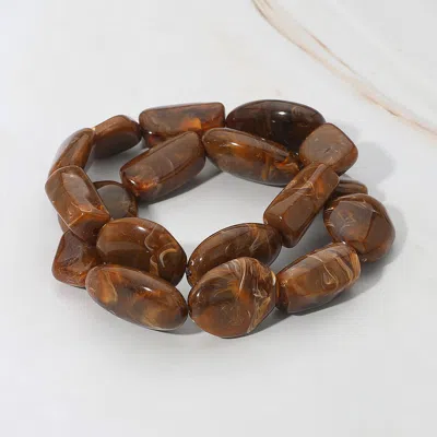 Fashnzfab 2pcs - Chunky Marbled Resin Multi Shape Pebble Beaded Stretch Multi Layered Bracelets - Brown