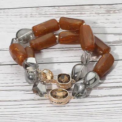 Fashnzfab 2pcs - Chunky Marbled Resin Pebble Faceted Stone Beaded Stretch Multi Layered Bracelets In Brown