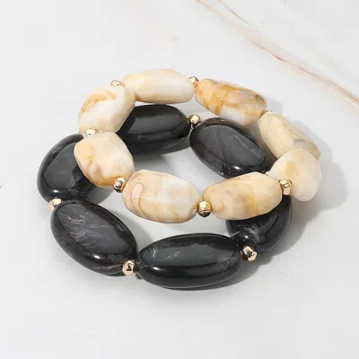 Fashnzfab 2pcs - Chunky Oval Pebble Beaded Stretch Multi Layered Bracelets - Dark Brown In Black