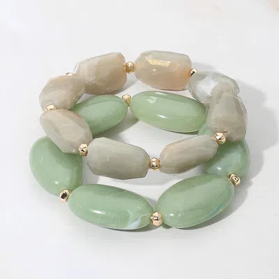 Fashnzfab 2pcs - Chunky Oval Pebble Beaded Stretch Multi Layered Bracelets - Green