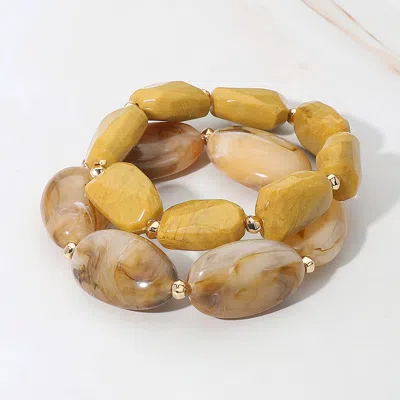 Fashnzfab 2pcs - Chunky Oval Pebble Beaded Stretch Multi Layered Bracelets - Neutral