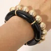 Fashnzfab 2pcs - Chunky Resin Tube Metal Ball Stretch Multi Layered Bracelets In Black