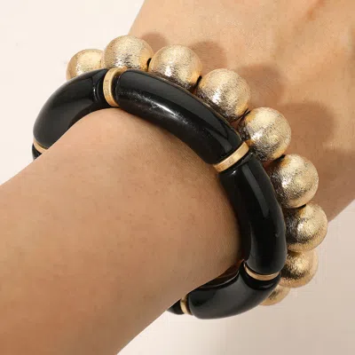 Fashnzfab 2pcs - Chunky Resin Tube Metal Ball Stretch Multi Layered Bracelets In Black