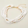 Fashnzfab 2pcs - Chunky Textured Metal Link Multi Layered Pearl Strand Necklaces In White