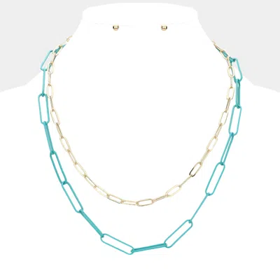 Fashnzfab 2pcs - Colored Open Metal Oval Link Necklaces In Blue