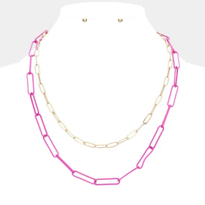 Fashnzfab 2pcs - Colored Open Metal Oval Link Necklaces In Pink