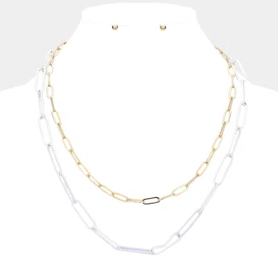 Fashnzfab 2pcs - Colored Open Metal Oval Link Necklaces In White