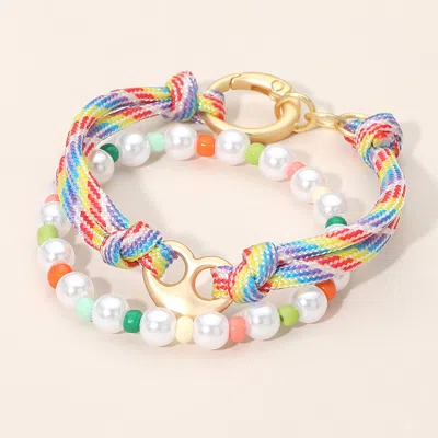 Fashnzfab 2pcs - Colorful Pearl Beaded Stretch Rope Bracelets In Multi