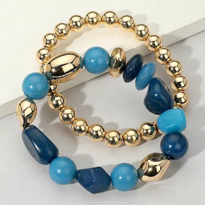 Fashnzfab 2pcs - Colorful Pebble Beaded Stretch Multi Layered Bracelets Blue, Gold