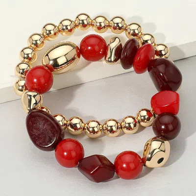 Fashnzfab 2pcs - Colorful Pebble Beaded Stretch Multi Layered Bracelets Burgundy, Gold