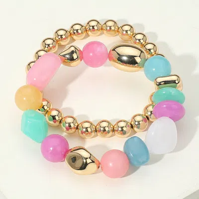 Fashnzfab 2pcs - Colorful Pebble Beaded Stretch Multi Layered Bracelets Gold, Light, Multi