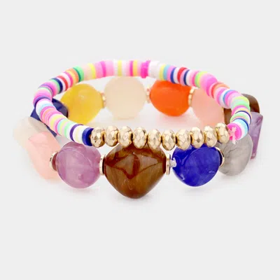 Fashnzfab 2pcs - Colorful Stone Disc Bead Metal Stretch Bracelets Gold, Multi