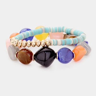 Fashnzfab 2pcs - Colorful Stone Disc Bead Metal Stretch Bracelets Green, Multi