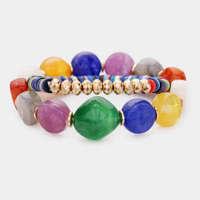 Fashnzfab 2pcs - Colorful Stone Disc Bead Metal Stretch Bracelets In Multi
