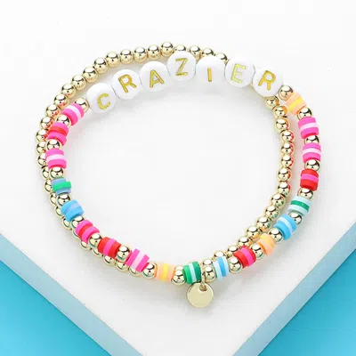 Fashnzfab 2pcs - Crazier Message Metal Ball Heishi Beaded Stretch Multi Layered Bracelets