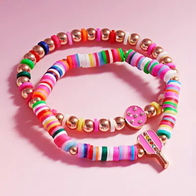 Fashnzfab 2pcs - Enamel Pickleball Charm Heishi Beaded Stretch Multi Layered Bracelets