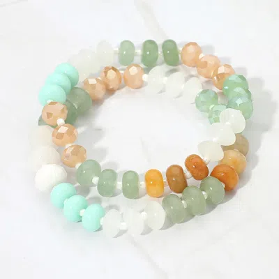 Fashnzfab 2pcs - Faceted Pebble Beaded Stretch Multi Layered Bracelets In Green