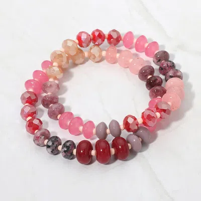 Fashnzfab 2pcs - Faceted Pebble Beaded Stretch Multi Layered Bracelets In Pink